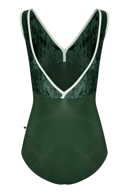 Alicia leotard in N-Huntress body color with CV-Pine top color and T-Pistachio trim color