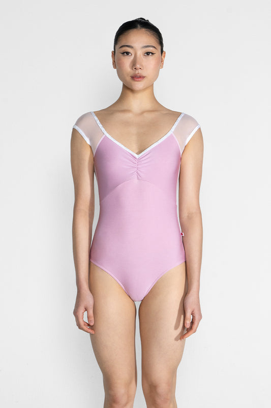 Elli mesh leotard in N-Confetti body color with Mesh Rose top color and CV-White trim color
