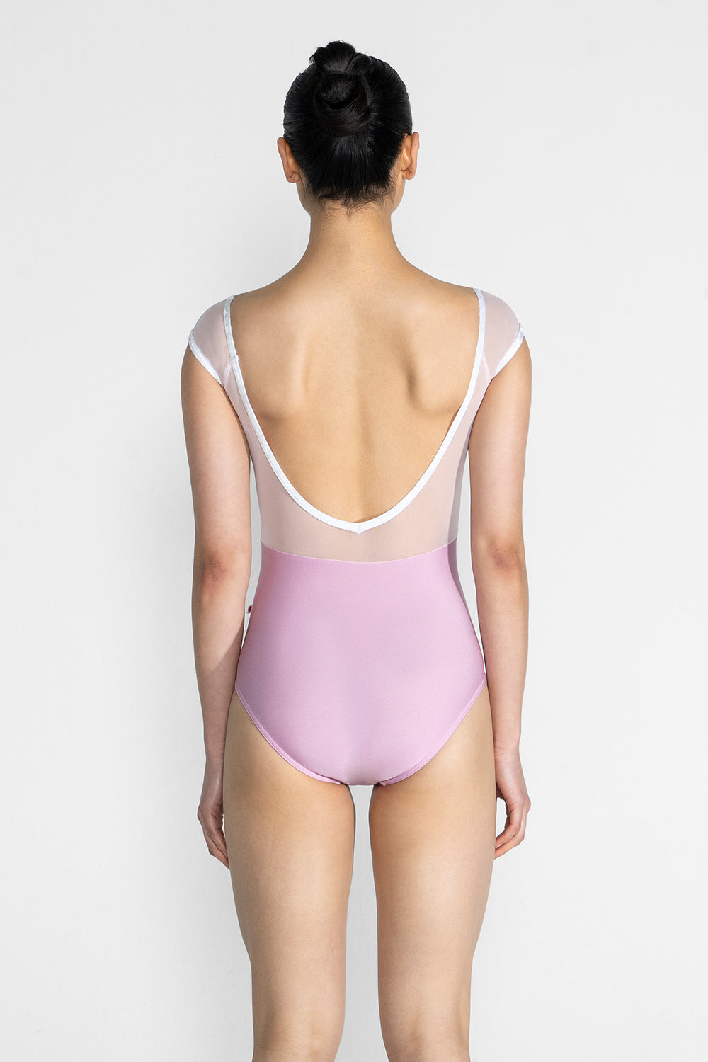 Elli mesh leotard in N-Confetti body color with Mesh Rose top color and CV-White trim color