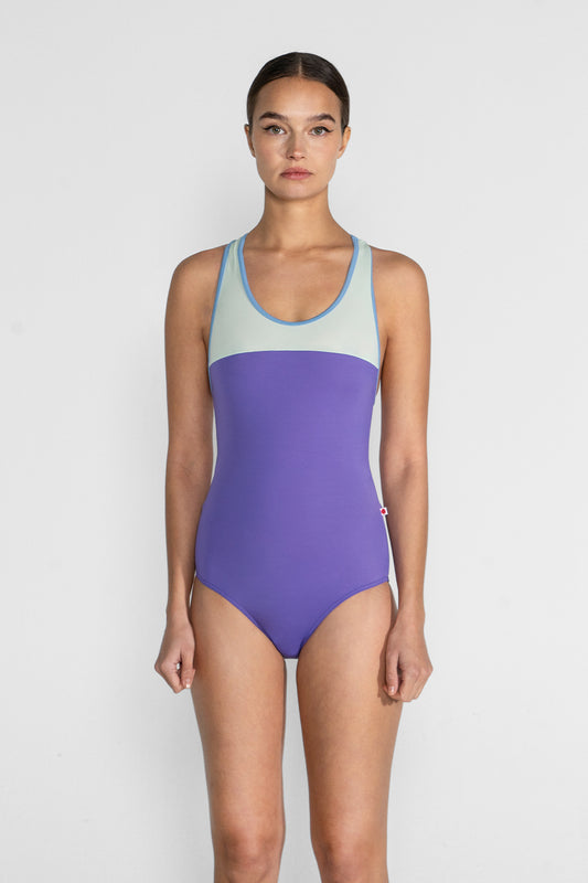 Erica leotard in T-Wisteria body color with T-Pistachio top color and T-Bluebell trim color