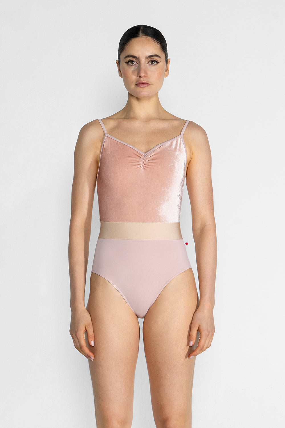 Micah leotard in T-Petal body color with V-Blush top color, T-Petal trim color and N-Base middle band color