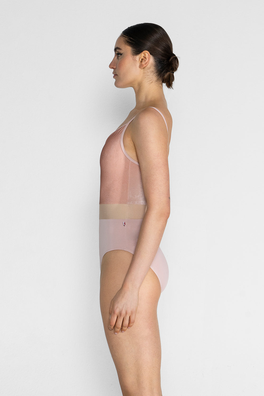 Micah leotard in T-Petal body color with V-Blush top color, T-Petal trim color and N-Base middle band color