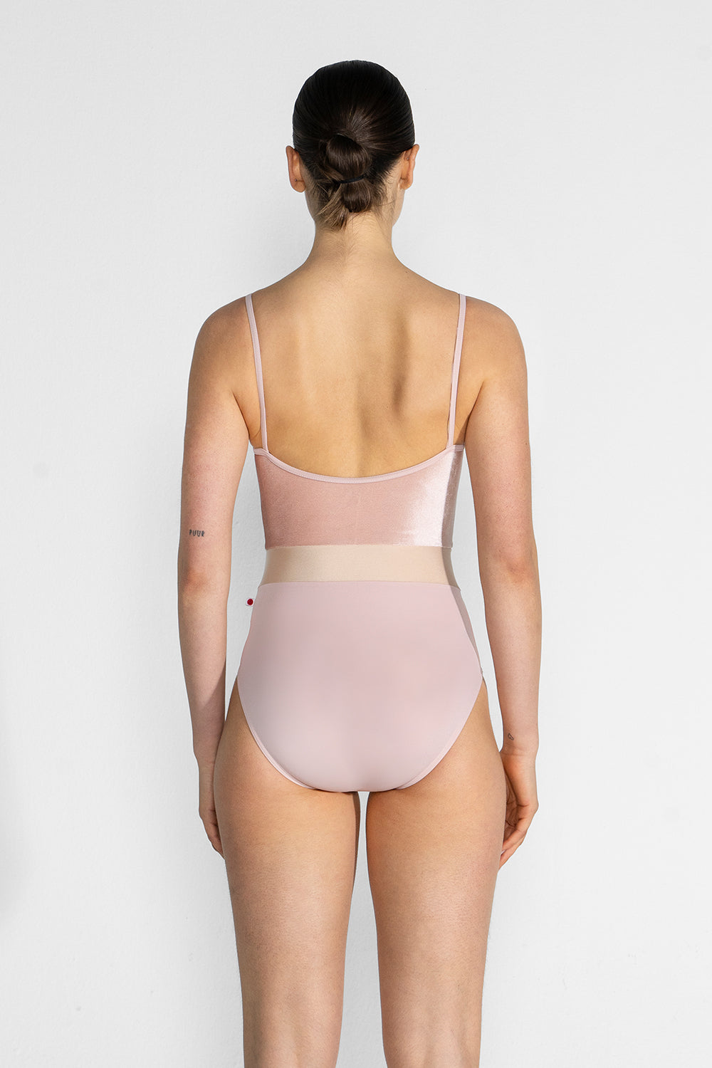 Micah leotard in T-Petal body color with V-Blush top color, T-Petal trim color and N-Base middle band color