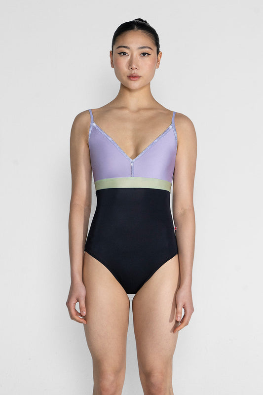 Zoe leotard in T-Black body color with N-Poem top color, CV-Angelic trim color and N-Ginko middle band color