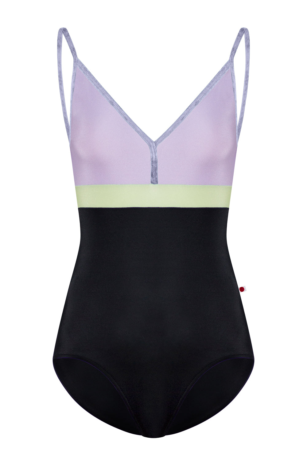 Zoe leotard in T-Black body color with N-Poem top color, CV-Angelic trim color and N-Ginko middle band color