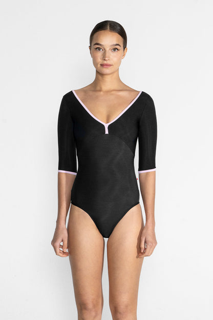 Alicia leotard in N-Black body & top color with T-Rose trim color