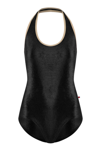 Jaione leotard in V-Black body color with T-Mosaic trim color