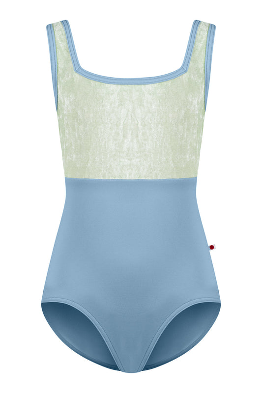 Kids Marieke Duo leotard in T-Blue Grey body & trim color with CV-Pistachio top color