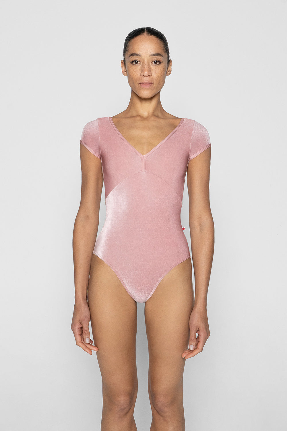 Alicia leotard in V-Dreamy body & top color with N-Antique Rose trim color and V-Dreamy cap sleeves