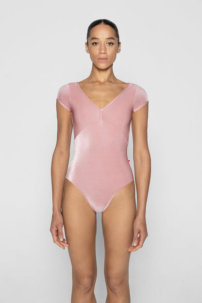 Alicia leotard in V-Dreamy body & top color with N-Antique Rose trim color and V-Dreamy cap sleeves