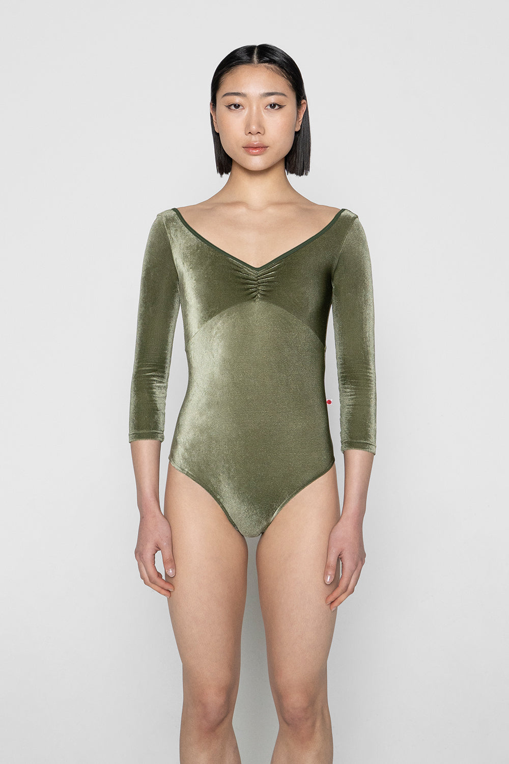 Anna Duo Pinch leotard in V-Safari body & top color with T-Jungle trim color and V-Safari 3Q sleeves