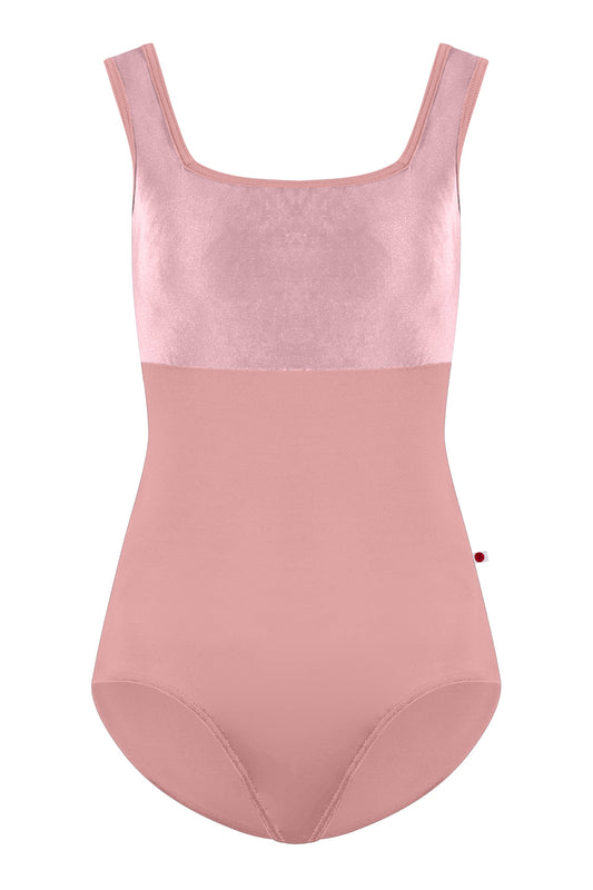 Kids Marieke leotard in N-Antique Rose body & trim color with V-Dreamy top color