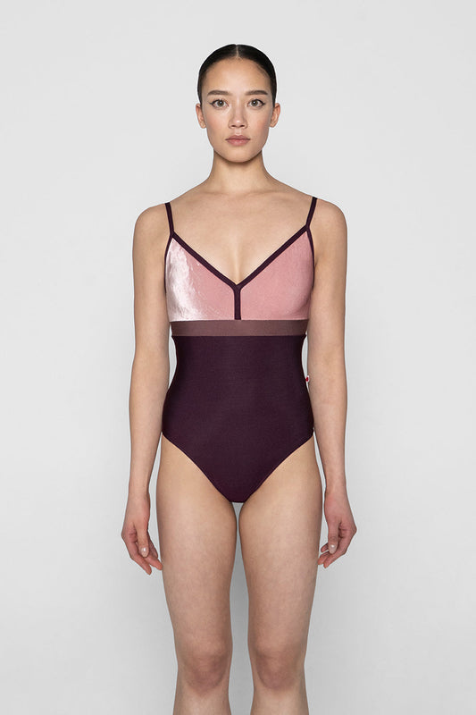 Zoe leotard in N-Opera body & trim color with V-Dreamy top color and N-Phoenix middle band color