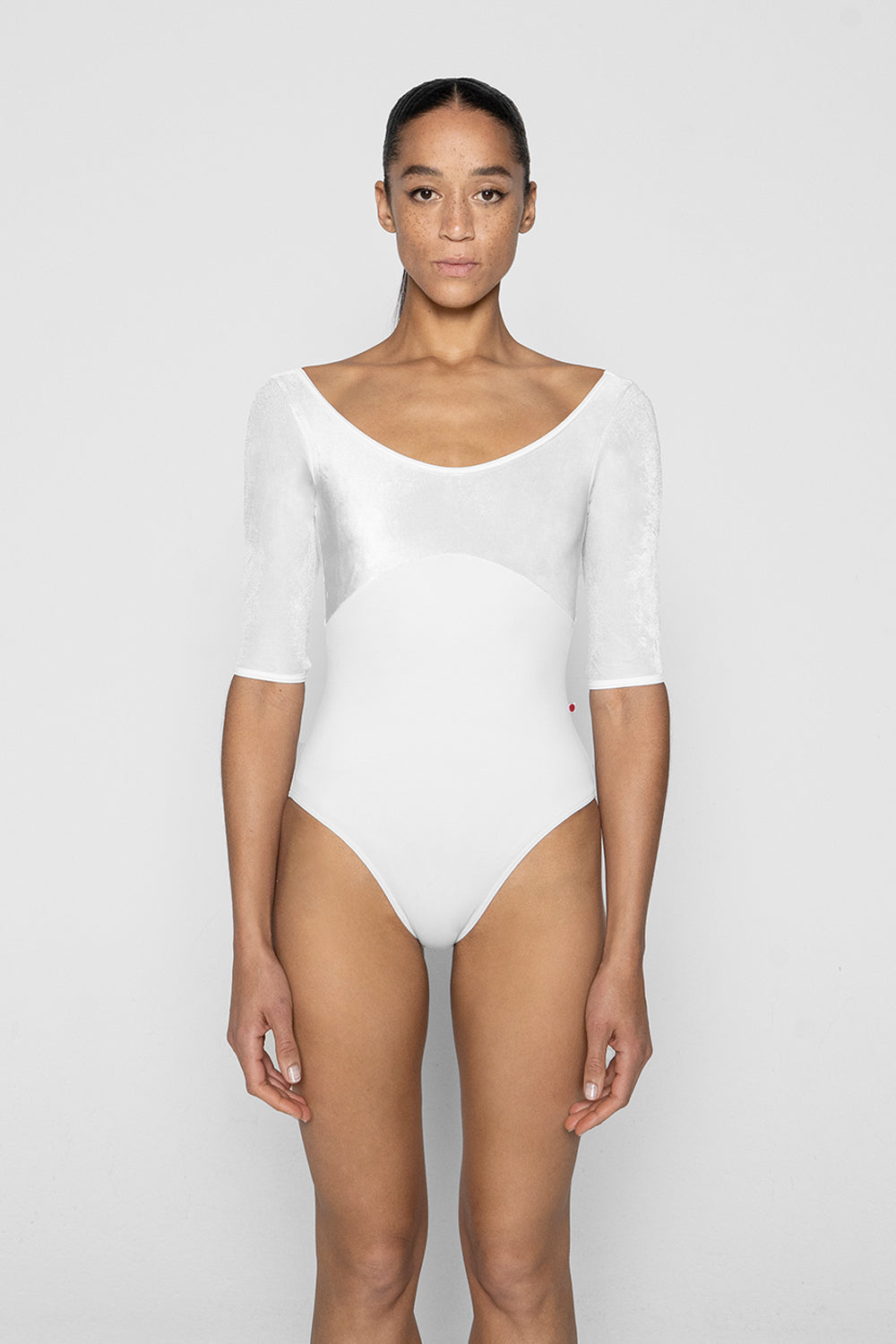 Anna Duo leotard in T-White body color with V-White top color and T-White trim color with half Sleeves