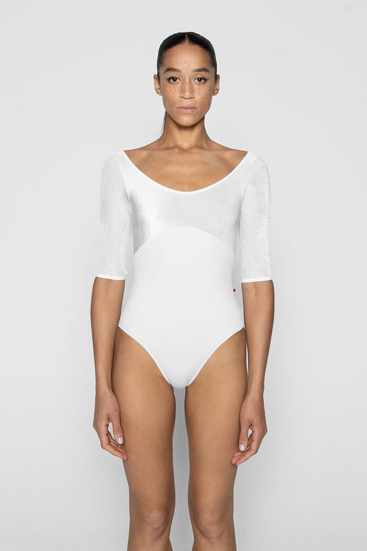 Anna Duo leotard in T-White body color with V-White top color and T-White trim color with half Sleeves