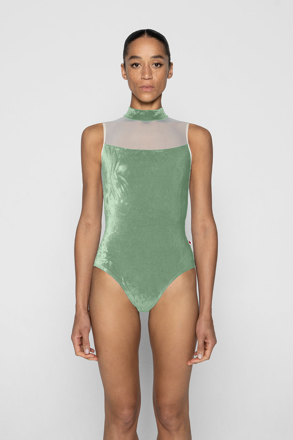 Camila leotard in V-Meadow body color with Mesh Whisper top color and N-Pearl trim color