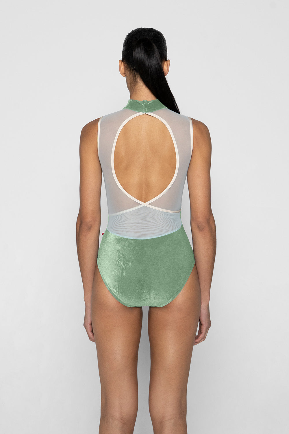 Camila leotard in V-Meadow body color with Mesh Whisper top color and N-Pearl trim color