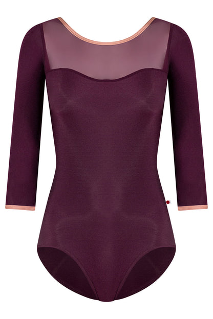Jane 3q sleeves leotard in N-Opera body color with Mesh Opera top color and N-Rosewood trim color