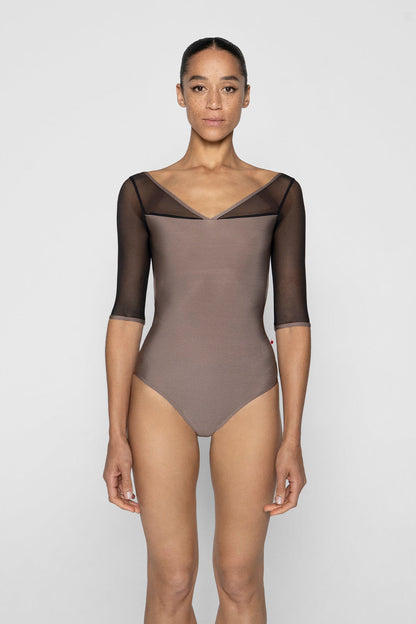 Masha leotard in N-Star body color with Mesh Black top color & Half sleeves and N-Star trim color