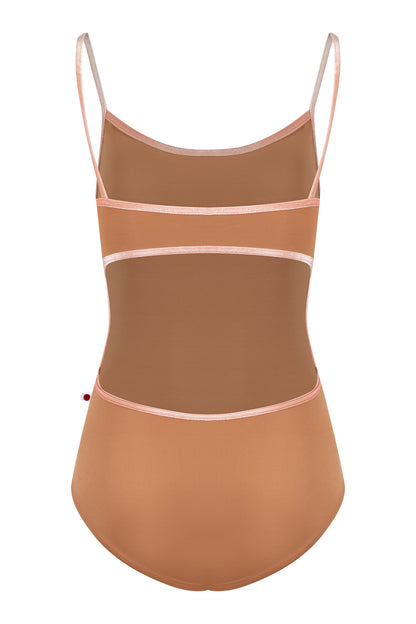Kiki leotard in T-Sepia body color with V-Blush trim color