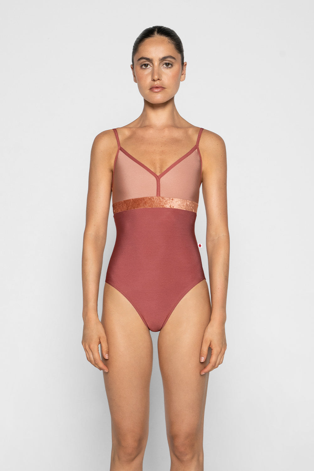 Zoe leotard in N-Fox body & trim color with N-Rosewood top color and CV-Amaretto middle band color