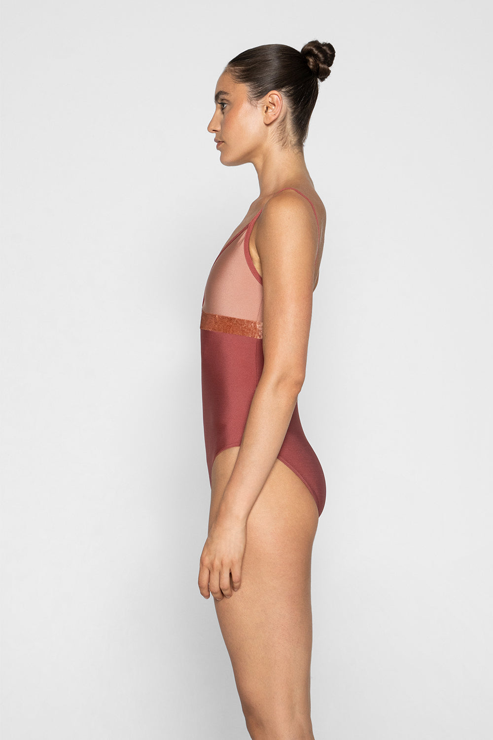 Zoe leotard in N-Fox body & trim color with N-Rosewood top color and CV-Amaretto middle band color