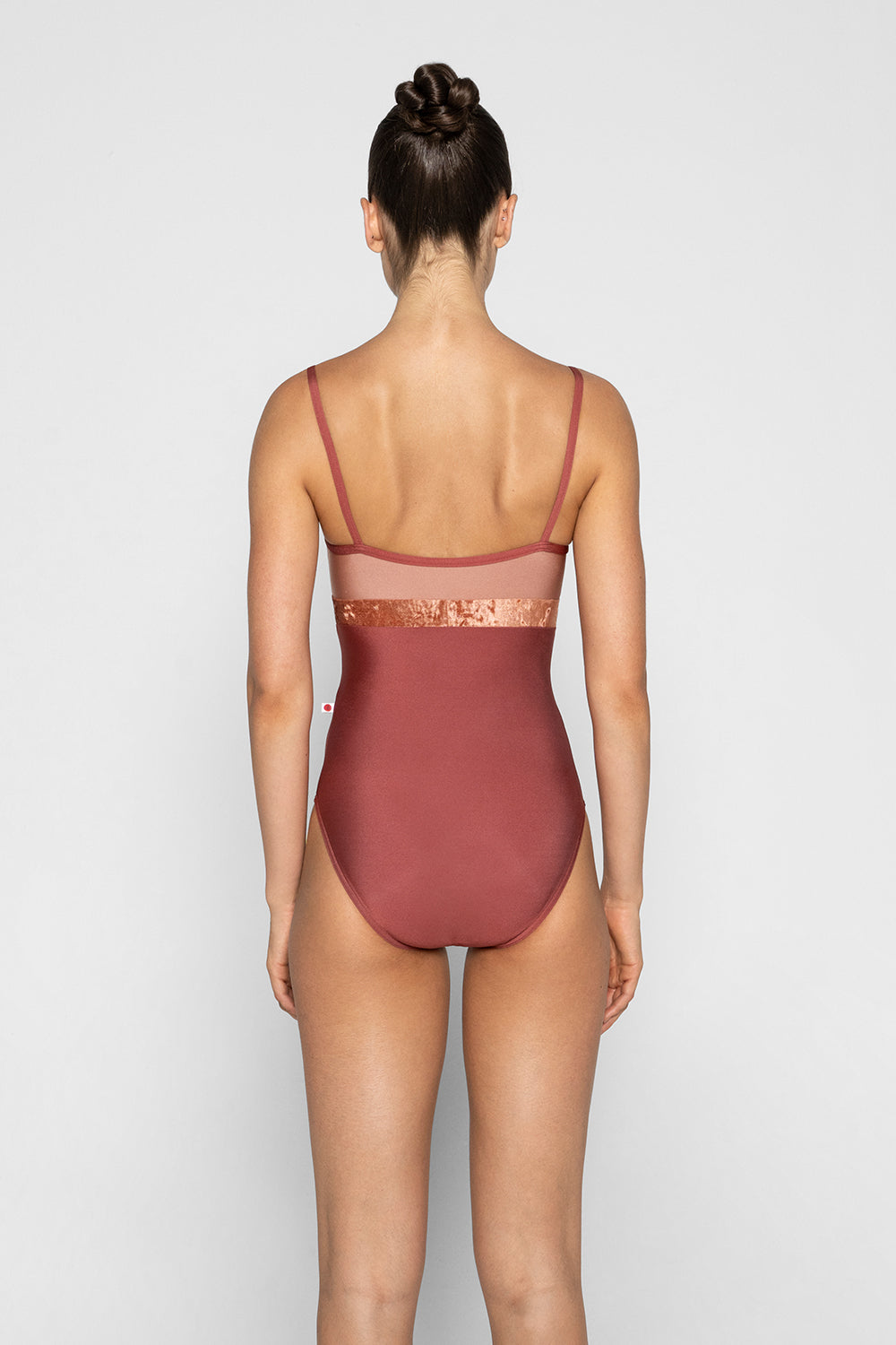 Zoe leotard in N-Fox body & trim color with N-Rosewood top color and CV-Amaretto middle band color