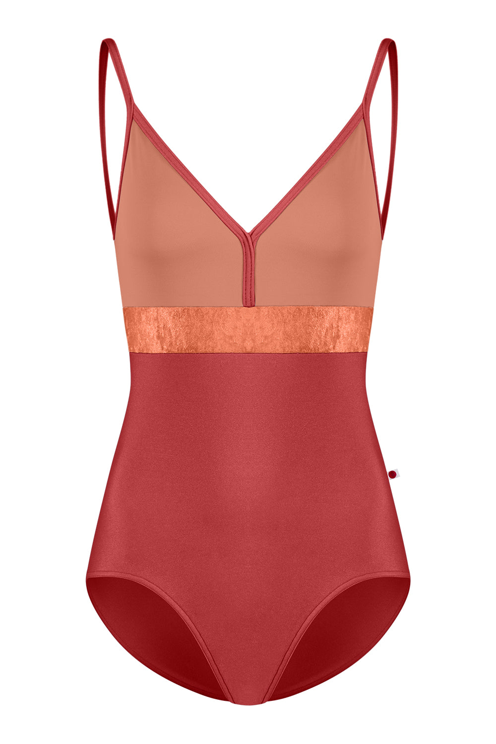 Zoe leotard in N-Fox body & trim color with N-Rosewood top color and CV-Amaretto middle band color
