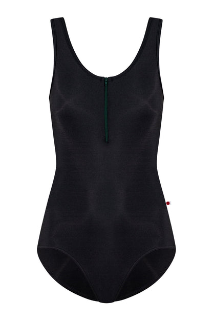 Cora leotard in N-Black body color with N-Black trim color and V-Orbit zipper and side stripe color