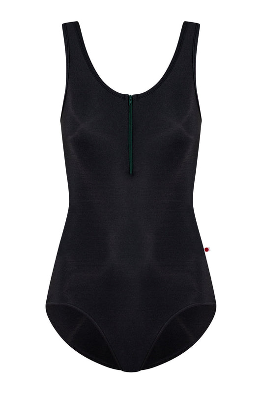 Cora leotard in N-Black body color with N-Black trim color and V-Orbit zipper and side stripe color