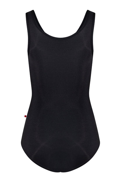 Cora leotard in N-Black body color with N-Black trim color and V-Orbit zipper and side stripe color