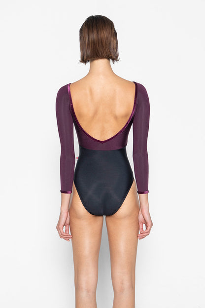 Elli leotard in N-Black body color with N-Opera top color & 3Q sleeves and V-Roxy trim color
