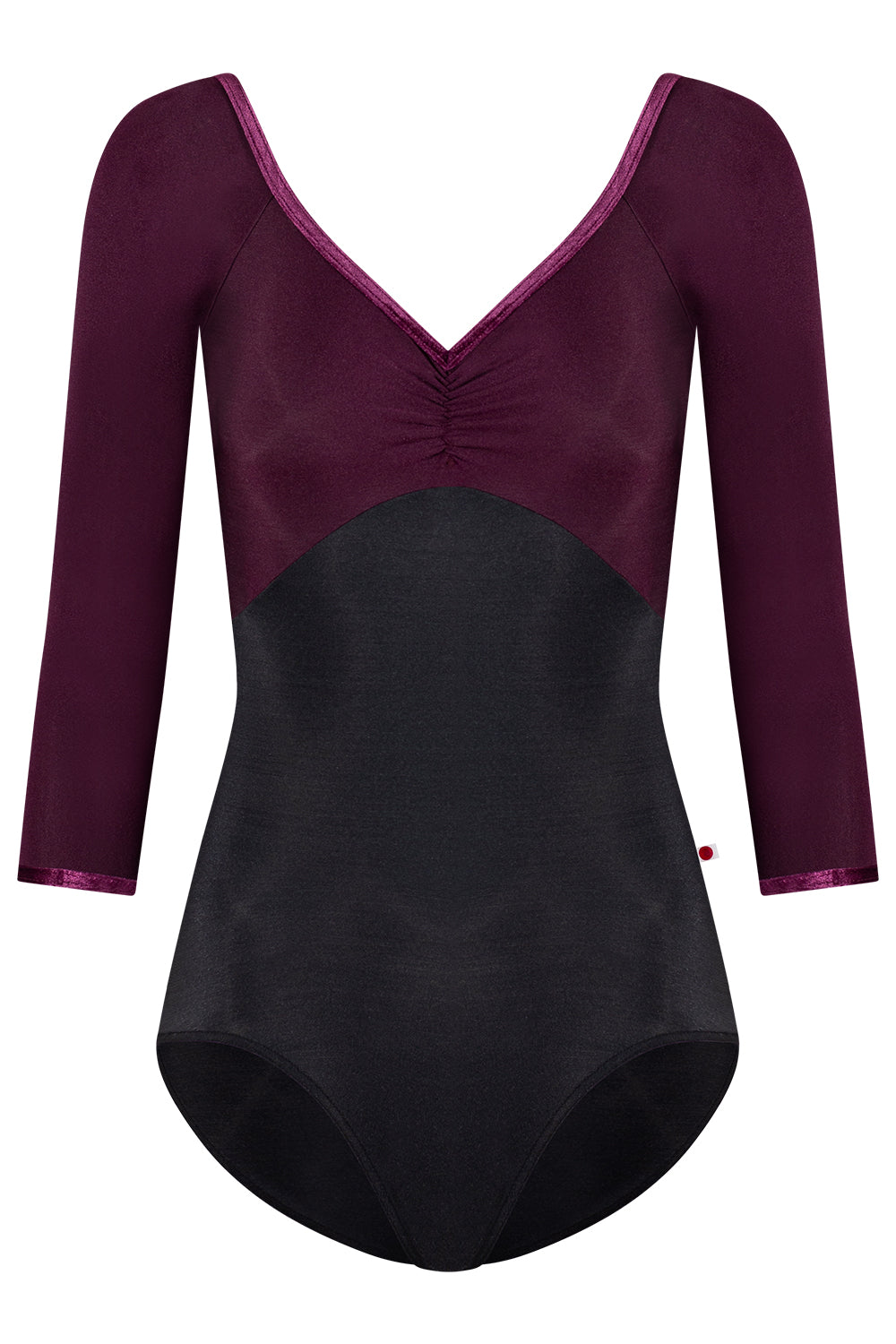 Elli leotard in N-Black body color with N-Opera top color & 3Q sleeves and V-Roxy trim color