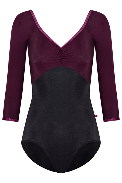 Elli leotard in N-Black body color with N-Opera top color & 3Q sleeves and V-Roxy trim color