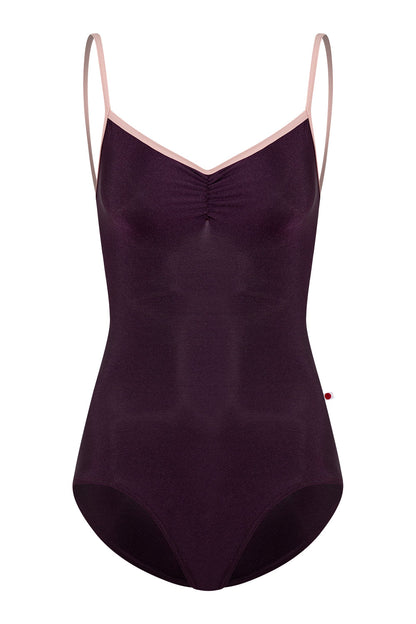 Kiki pinch leotard in N-Eggplant body color with T-Petal trim color