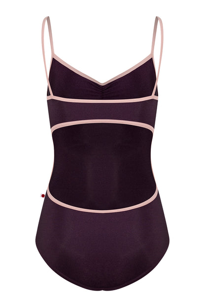 Kiki pinch leotard in N-Eggplant body color with T-Petal trim color