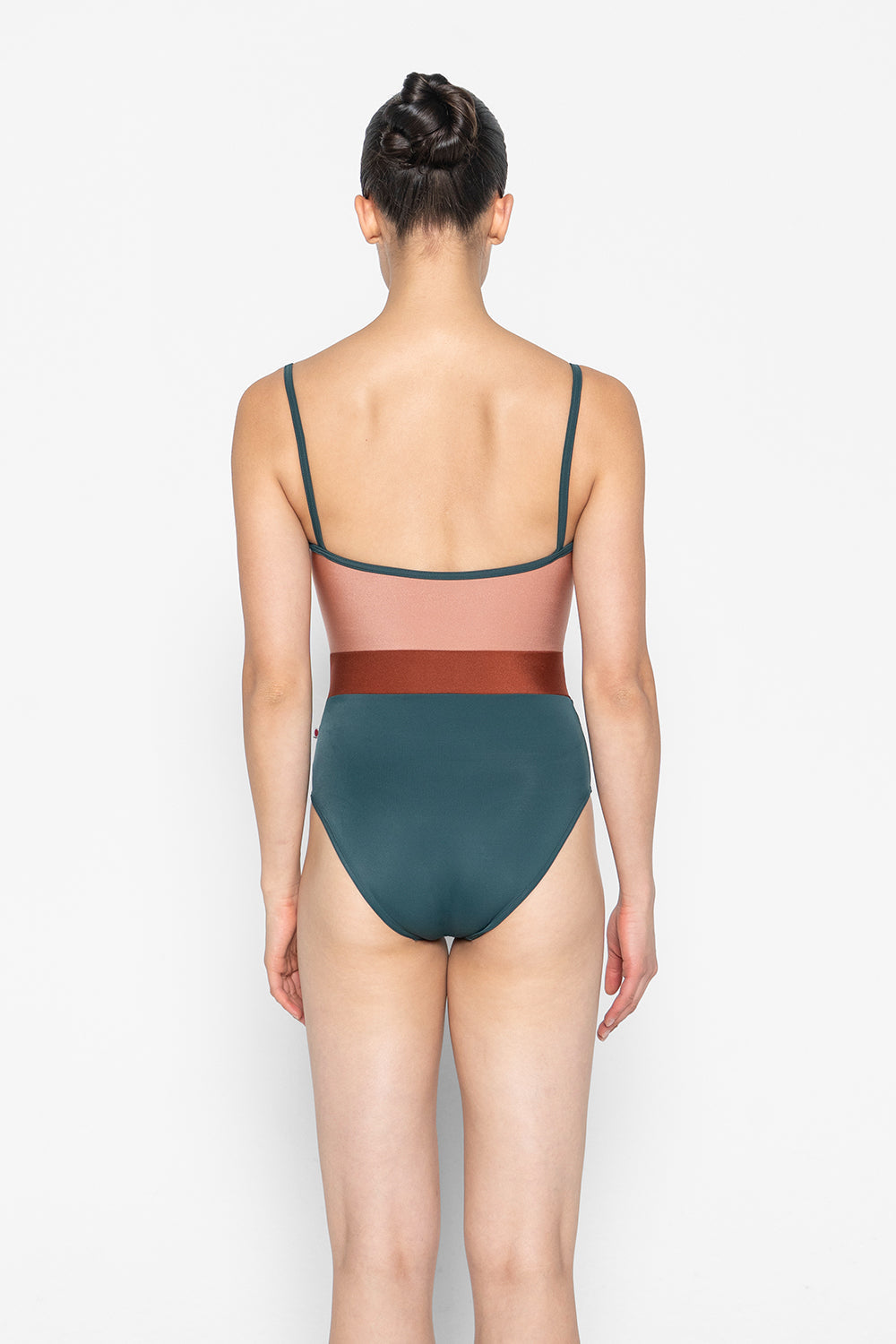 Micah leotard in T-Kale body & trim color with N-Rosewood top color and N-Bronze middle band color