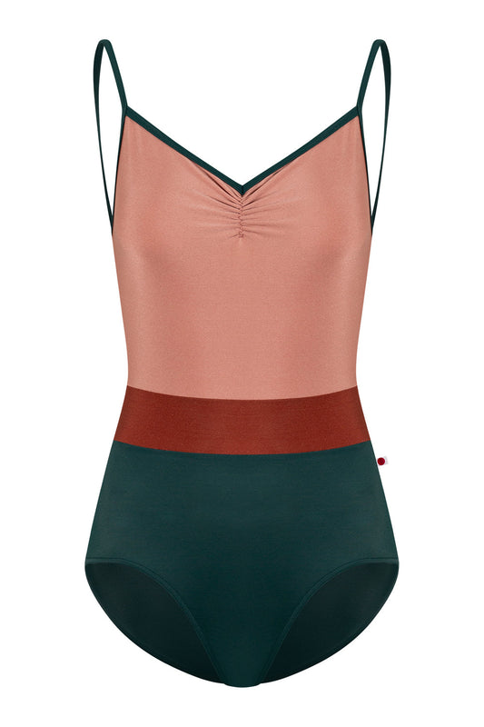 Micah leotard in T-Kale body & trim color with N-Rosewood top color and N-Bronze middle band color