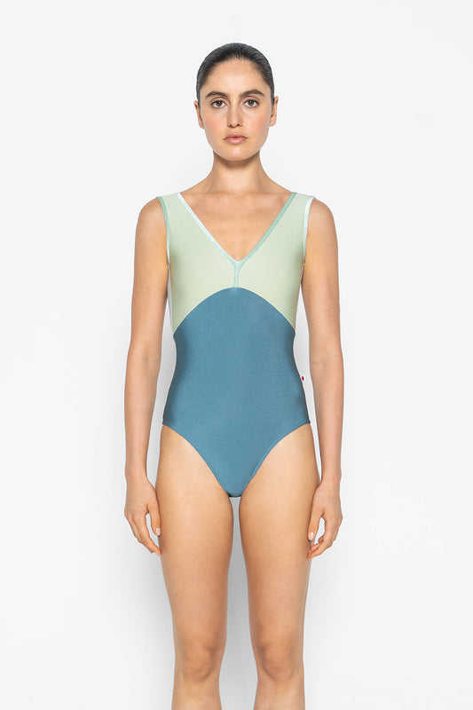 Alicia leotard in N-Frost body color with N-Ginko & Mesh Whisper top color and V-Meadow trim color 