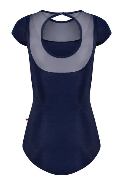 Cynthia leotard in N-Dark Blue body color with Mesh Dark Blue top color and N-Dark Blue trim color & short sleeves