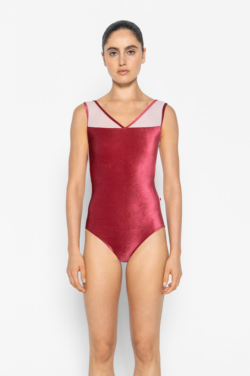 Masha leotard in V-Cerise body color with Mesh Rose top color and V-Cerise trim color