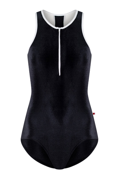 Sasha leotard in V-Black body color with Mesh White top color and T-White trim & zipper color