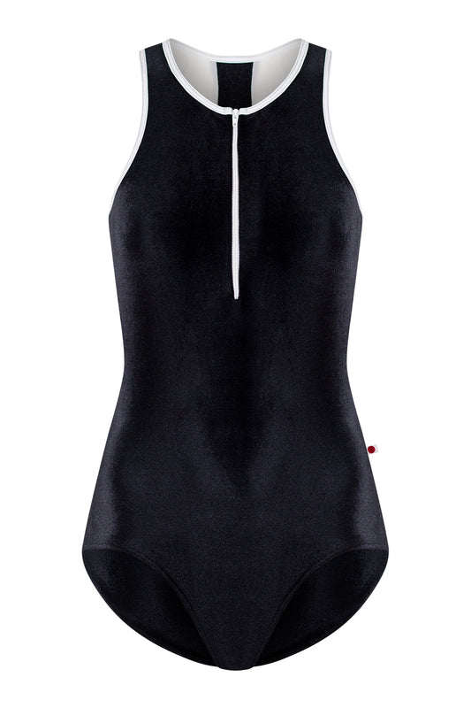 Sasha leotard in V-Black body color with Mesh White top color and T-White trim & zipper color