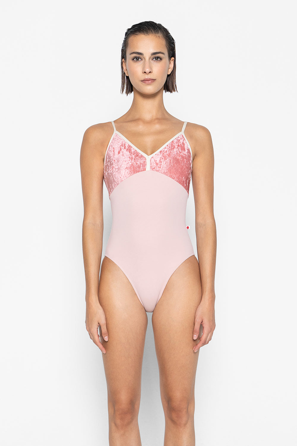 Daria leotard in T-Petal body color with CV-Romance top color and N-Pearl trim color