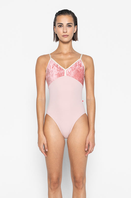 Daria leotard in T-Petal body color with CV-Romance top color and N-Pearl trim color