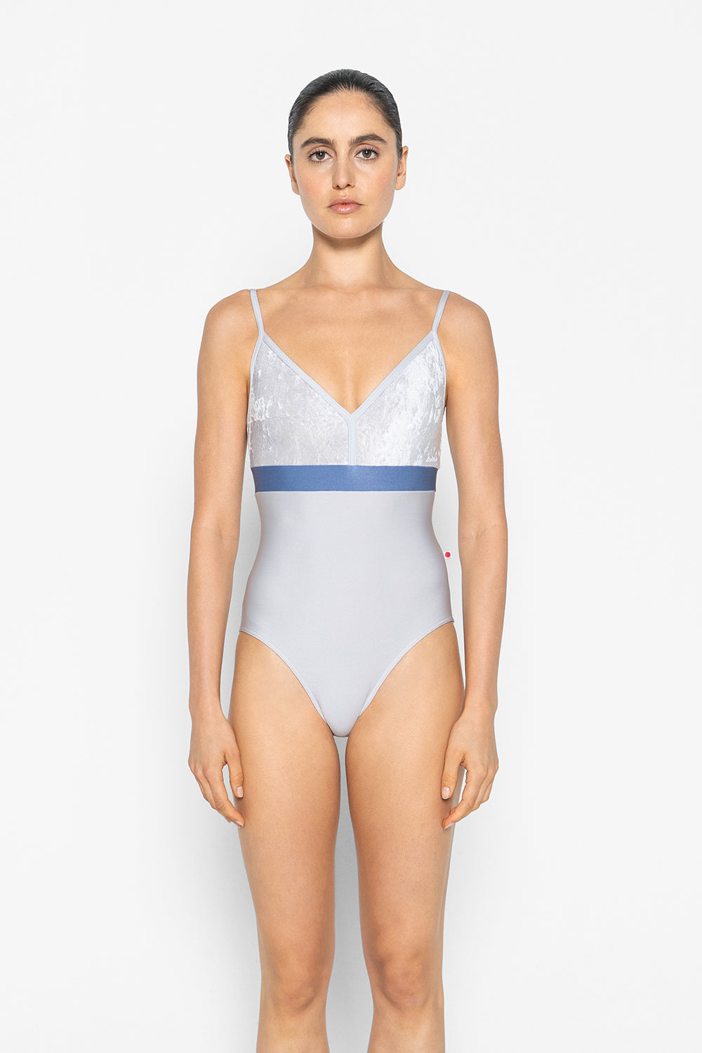 Zoe leotard in N-Silver body & trim color with CV-Silver top color and N-Arctic middle band color