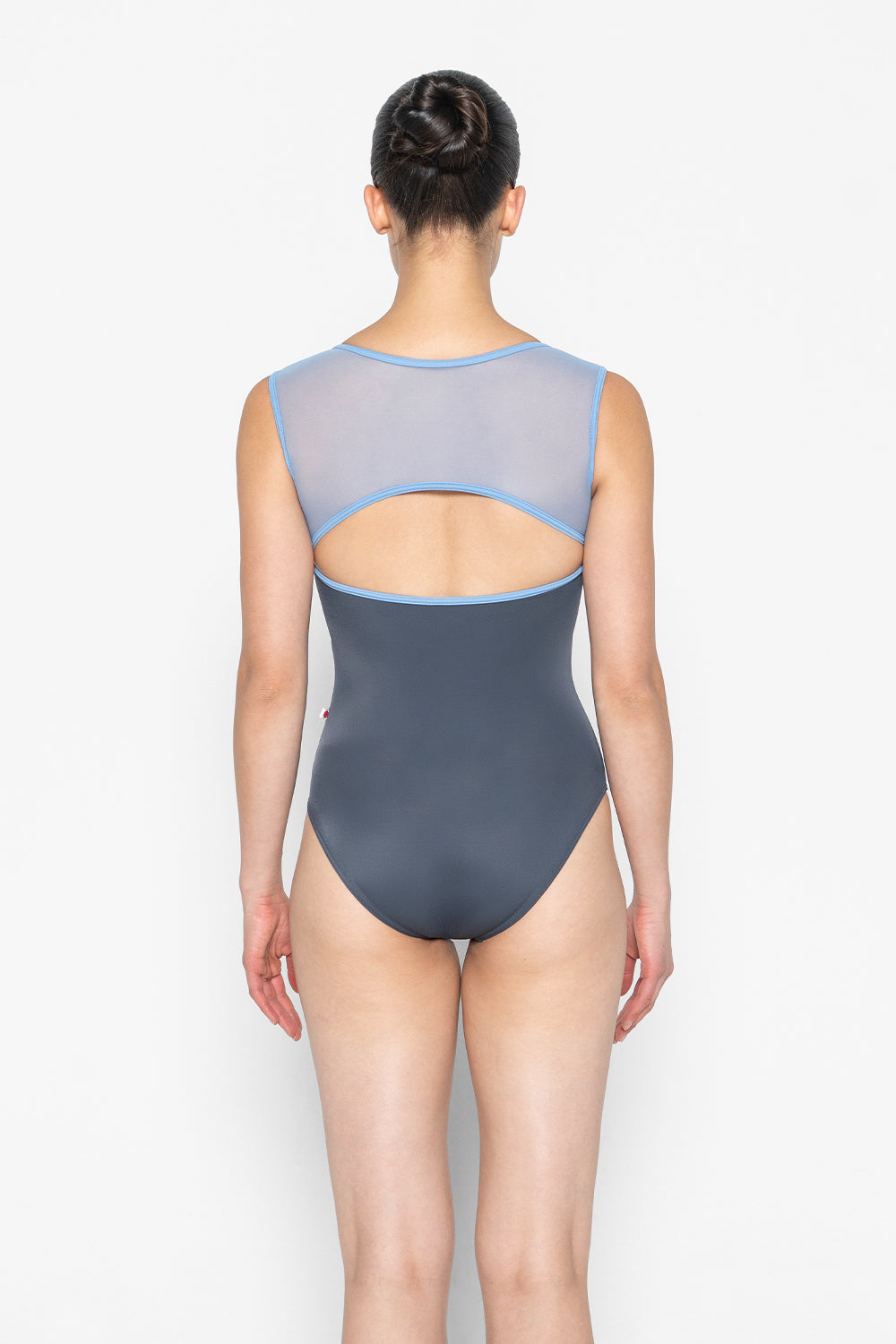 Becky leotard in T-Titanium body color with Mesh Glacier top color and T-Bluebell trim color