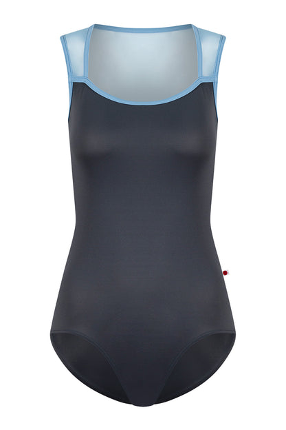 Becky leotard in T-Titanium body color with Mesh Glacier top color and T-Bluebell trim color