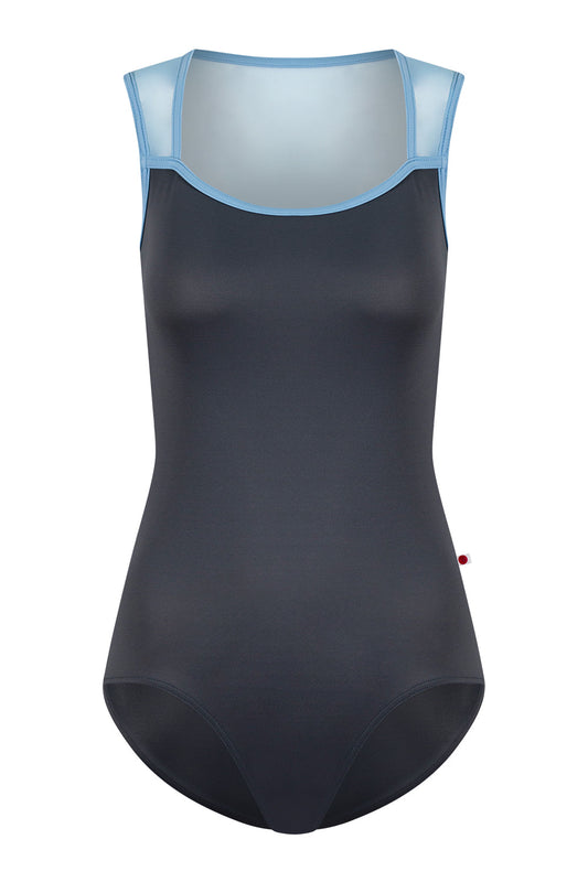 Becky leotard in T-Titanium body color with Mesh Glacier top color and T-Bluebell trim color