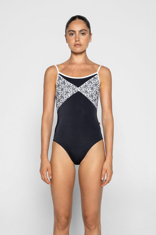 Kathy black label leotard in T-Black body color with Velvet Flocking Mesh top color and V-White trim color